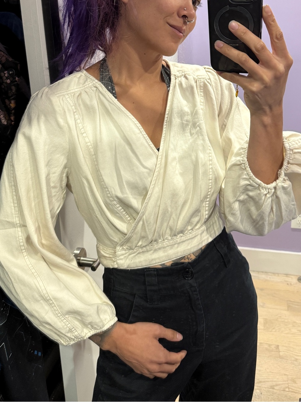 Free People Ivory Cream Cropped Wrap Top / Light Jacket
